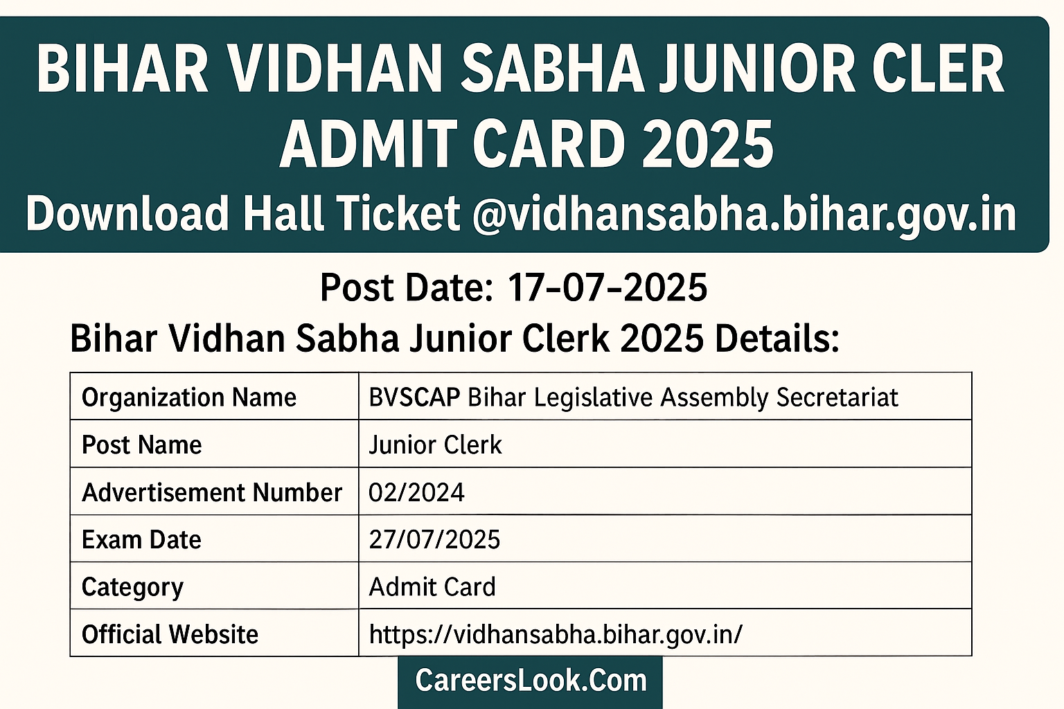 Bihar Vidhan Sabha Junior Clerk Admit Card